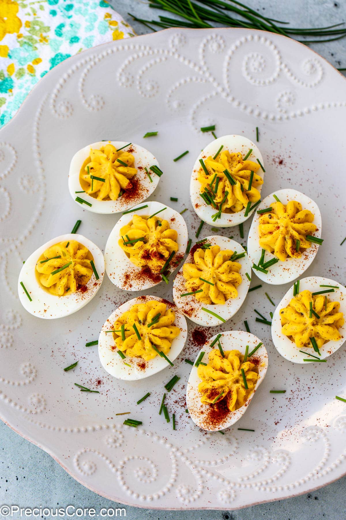 Platter of decorated deviled eggs.