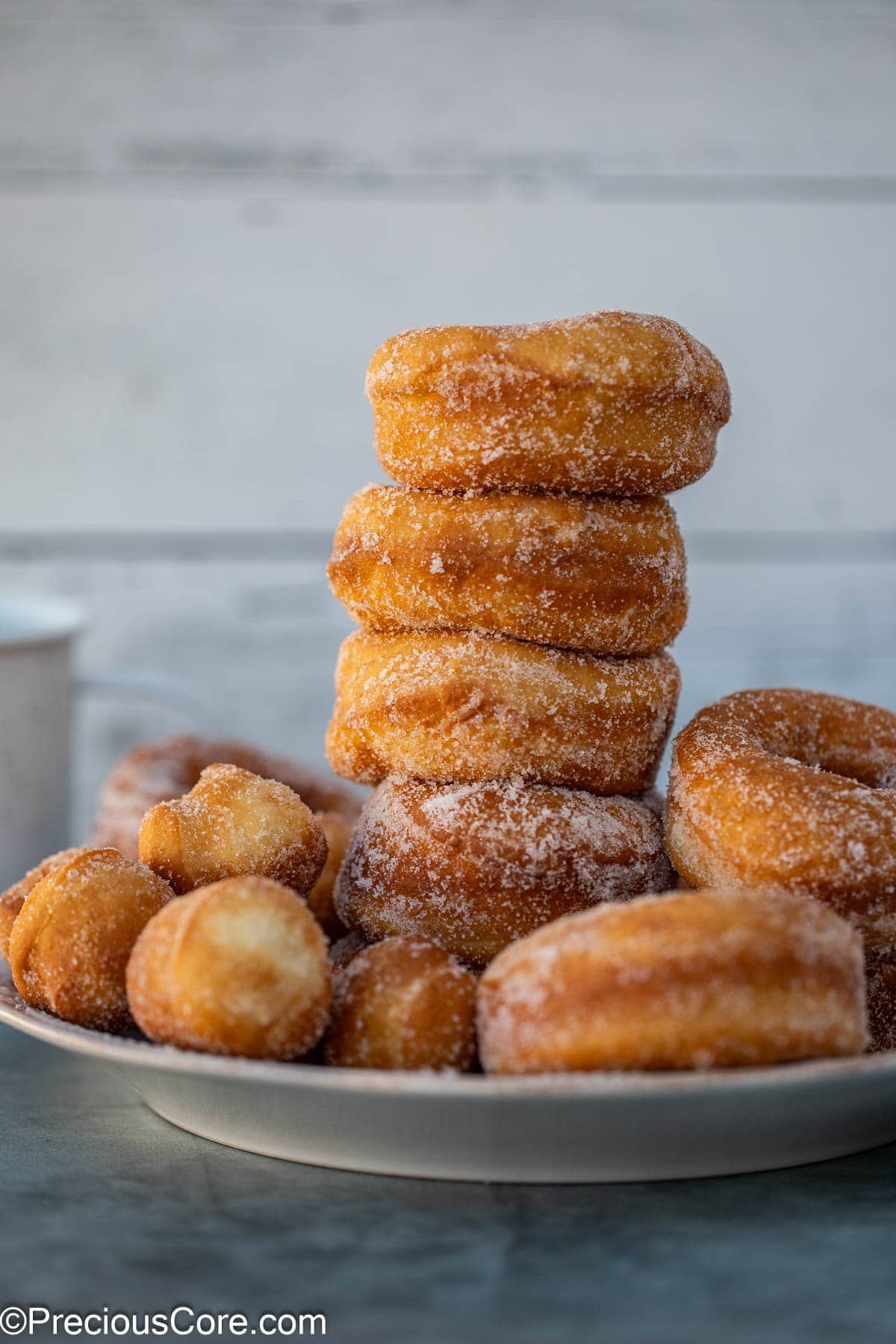 Sugar coated donuts and donut holes on a white plate.