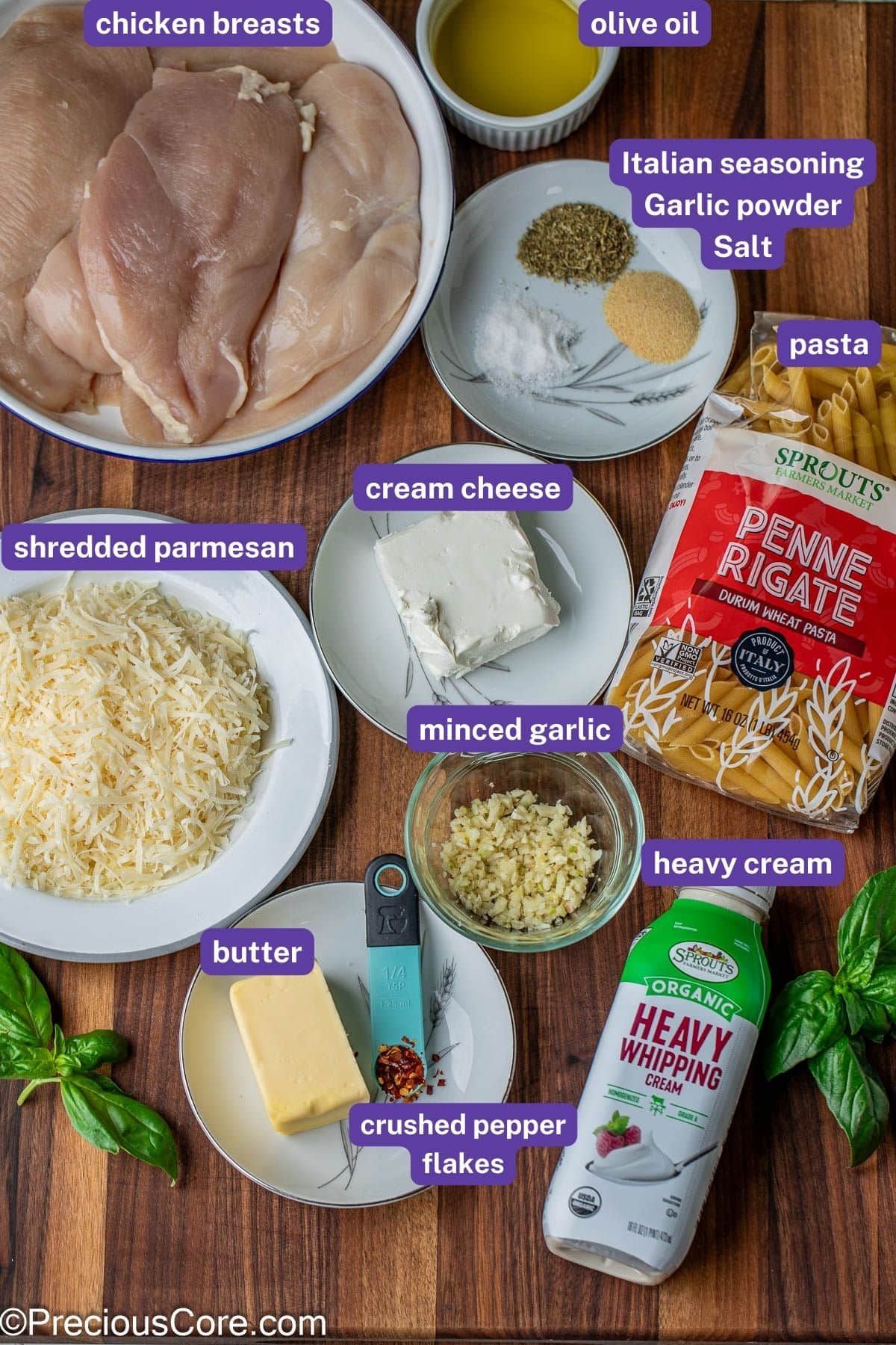 Ingredients for creamy parmesan chicken pasta with labels on them.