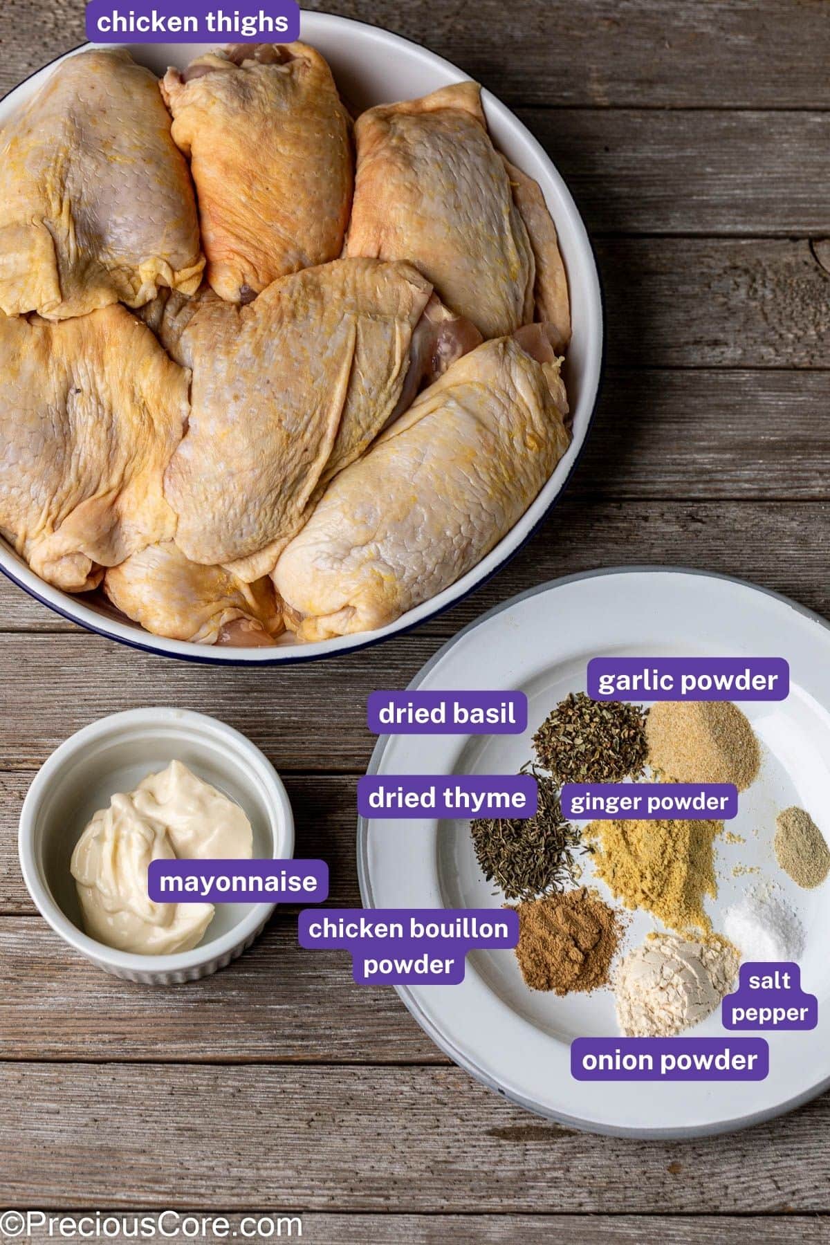 Ingredients for mayonnaise chicken with labels on them.