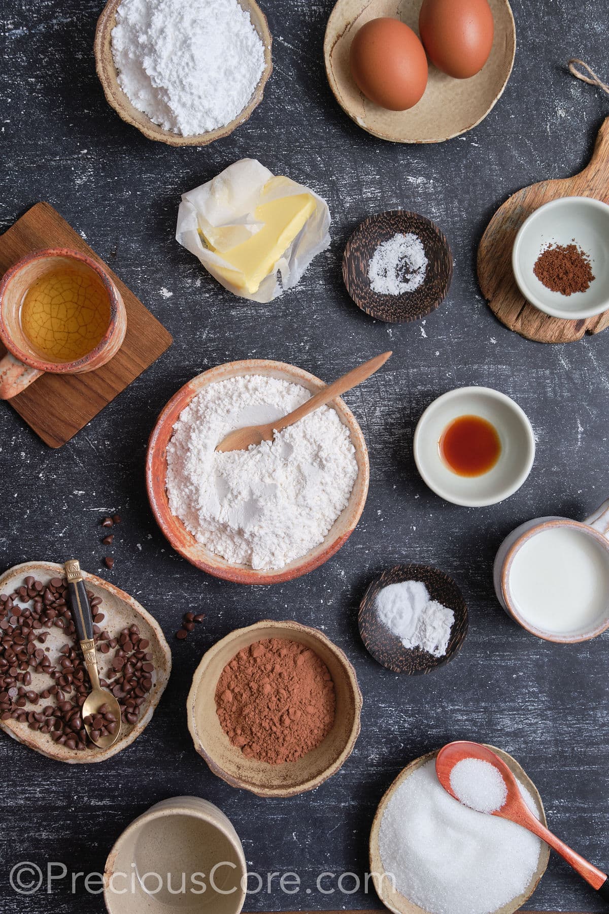 Ingredients for easy moist chocolate cupcakes.