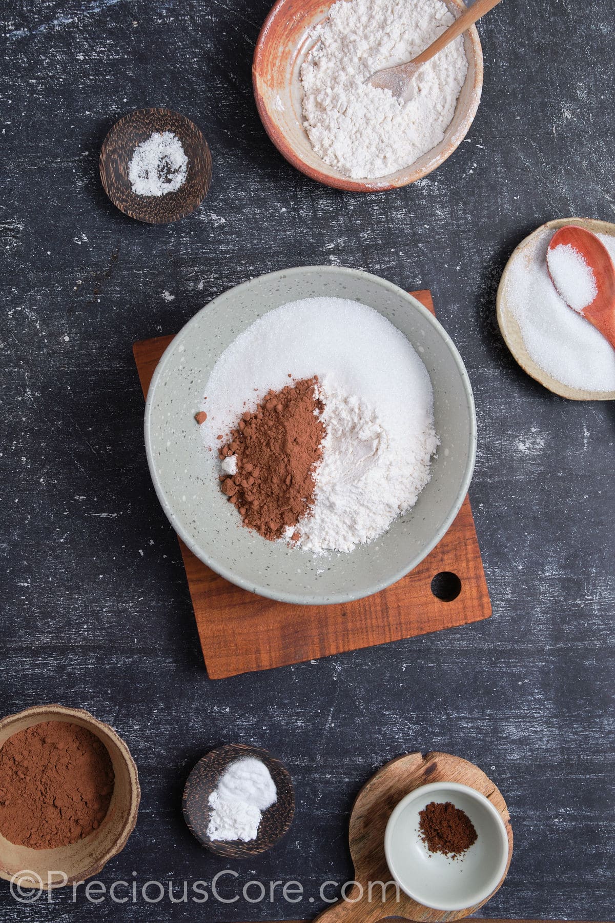 Dry ingredients for chocolate cupcakes in a bowl.